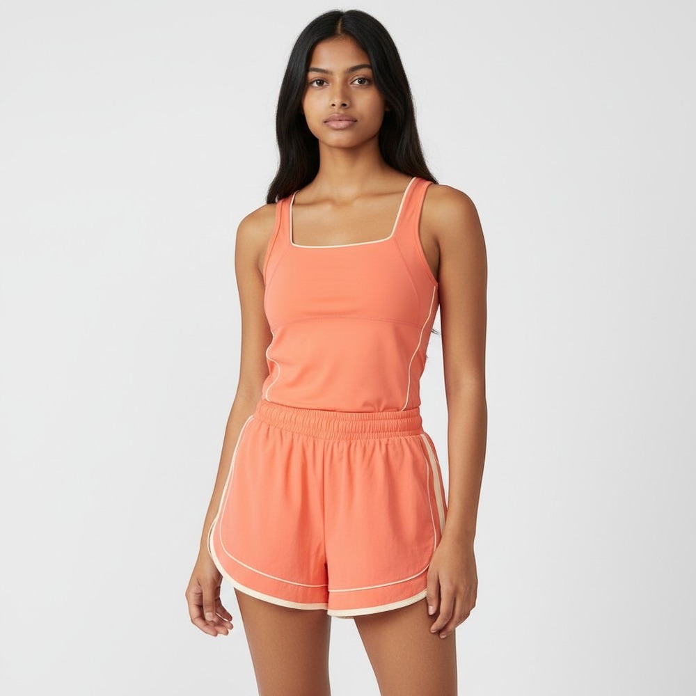 Yanekop Womens Athletic Romper Coral Orange Square Neck Dolphin Shorts Small